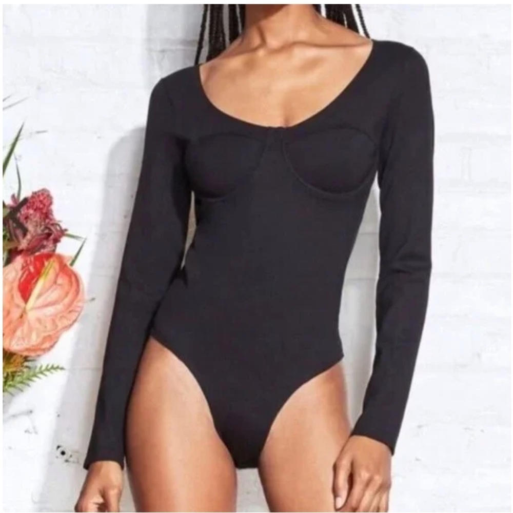 Fleur du Mal Black Long-Sleeve Scoop Neck Bodysuit